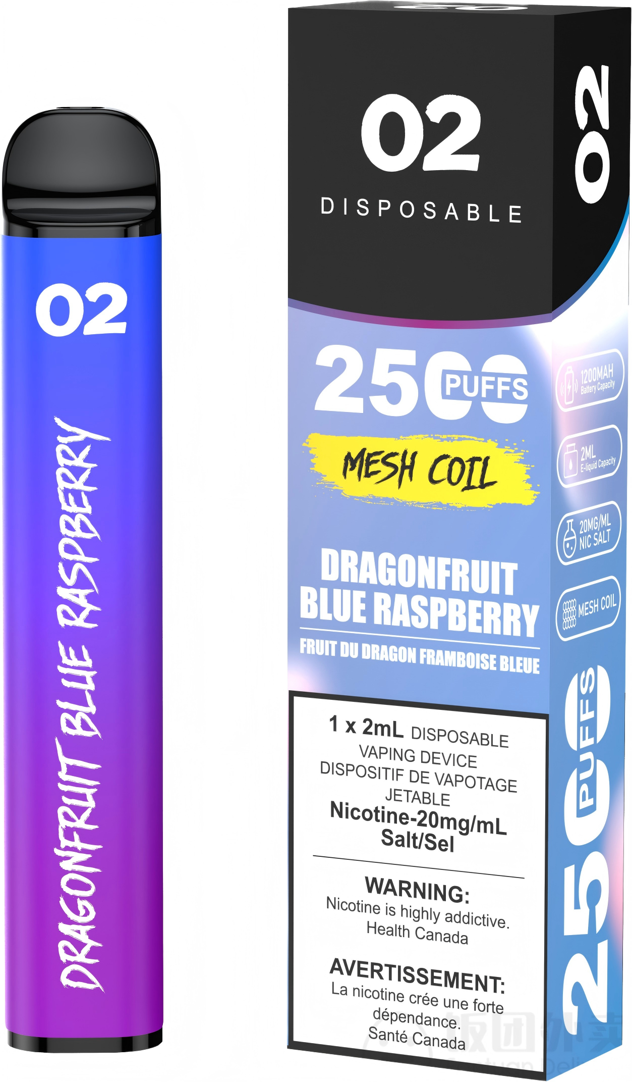 02 DISPOSABLE 2500 PUFFS DRAGONFRUIST BLUE RASPBERRY