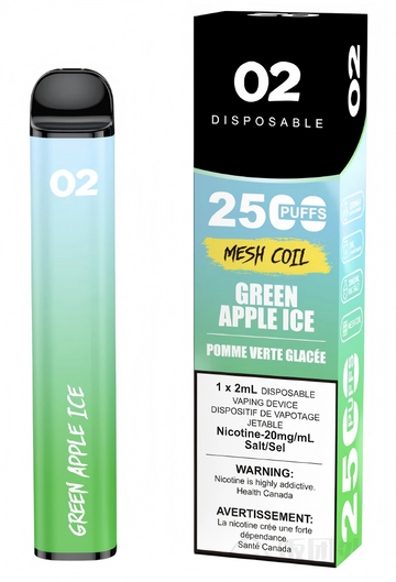 02 DISPOSABLE 2500 PUFFS GREEN APPLE ICE